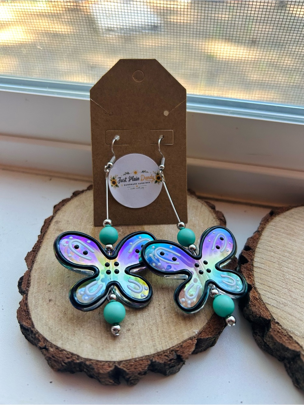 Iridescent Butterfly Drop Earrings in Teal
